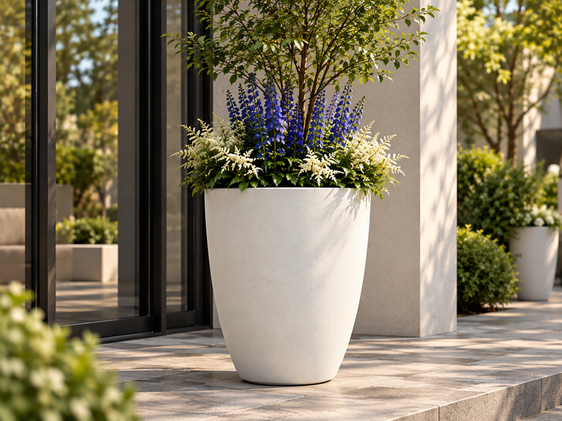 Elegant Blue-and-White Planter Entrance